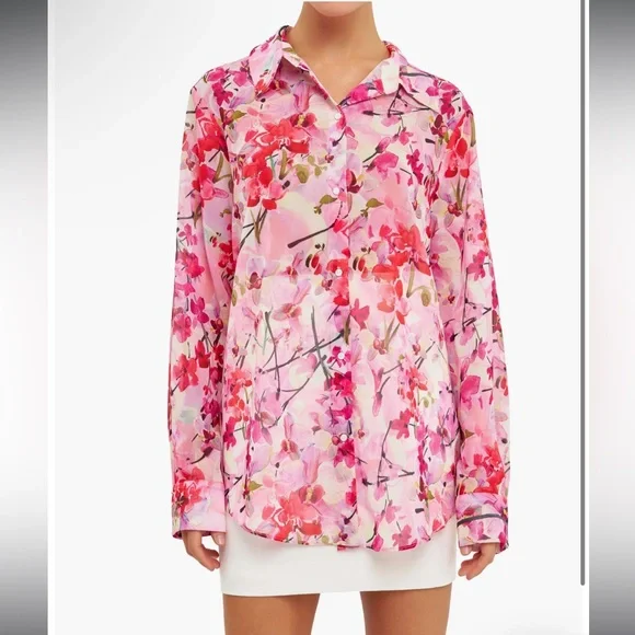 ⭐️ NEW Endless Rose Medium Pink Floral Button Down Shirt Lightweight - Picture 4 of 9